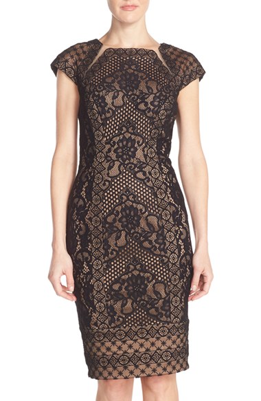 Tadashi Shoji Illusion Lace Sheath Dress in Black Nude
