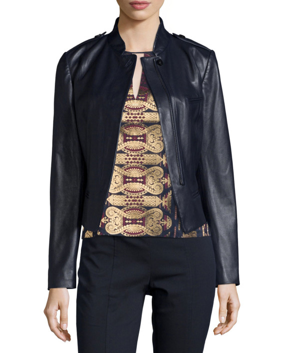 Tory Burch Leather Zip Moto Jacket, Medium Navy in Medium Navy