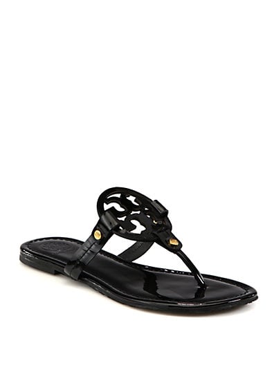Tory Burch Miller Patent Leather Logo Thong Sandals in Black. Saks Fifth Avenue