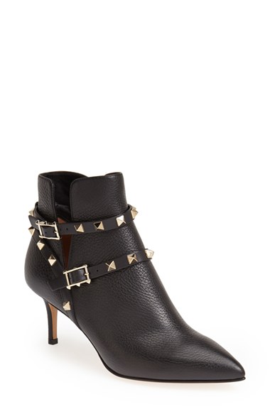 Valentino 'Rockstud' Pointy Toe Calfskin Leather Bootie (Women) in Black