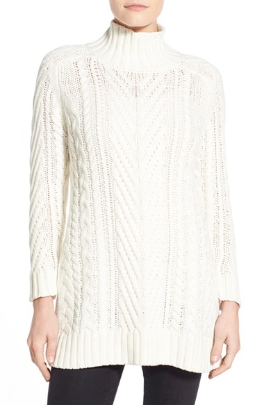 Vince Camuto Mix Cable Mock Neck Tunic Sweater in Antique White