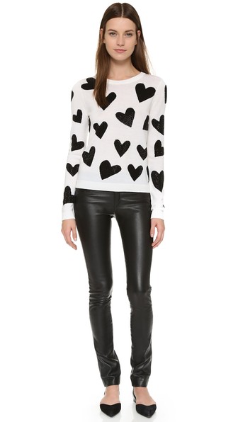 alice + olivia Carey Hearts Crew Neck Sweater in White and Black