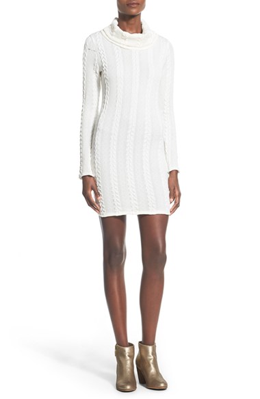 ella c. Cowl Neck Cable Sweater Dress in Ivory