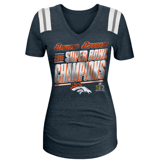 5TH & OCEAN BY NEW ERA DENVER BRONCOS WOMEN'S NAVY SUPER BOWL 50 CHAMPIONS SLEEVE STRIPE V-NECK T-SHIRT