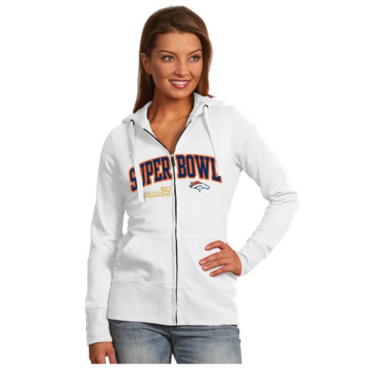 ANTIGUA DENVER BRONCOS WOMEN'S WHITE SUPER BOWL 50 CHAMPIONS SIGNATURE FULL-ZIP HOODIE