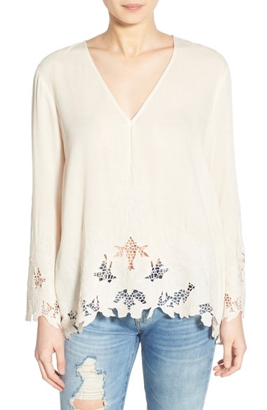 ASTR Embroidered Bell Sleeve Top Ivory