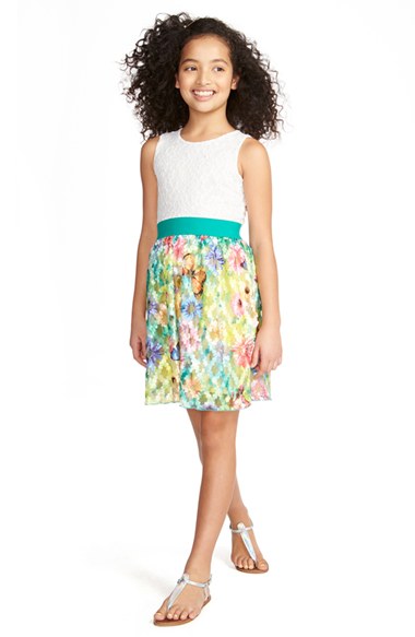 BLUSH by Us Angels Sleeveless Mixed Media Dress (Big Girls) White Floral Print