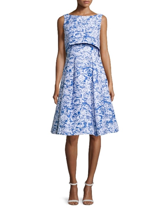 Badgley Mischka Sleeveless Floral-Print Popover Dress Ocean Blue