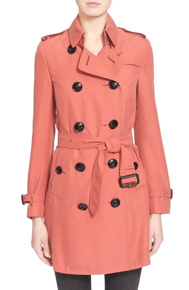 Burberry London 'Kensington' Double Breasted Silk Trench Coat Bright Copper Pink