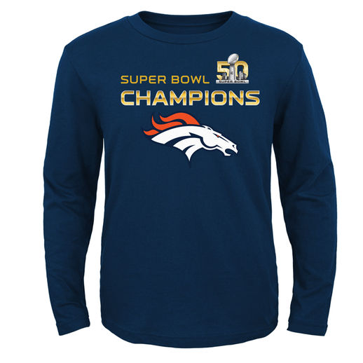 DENVER BRONCOS YOUTH NAVY SUPER BOWL 50 CHAMPIONS STACKER LONG SLEEVE T-SHIRT
