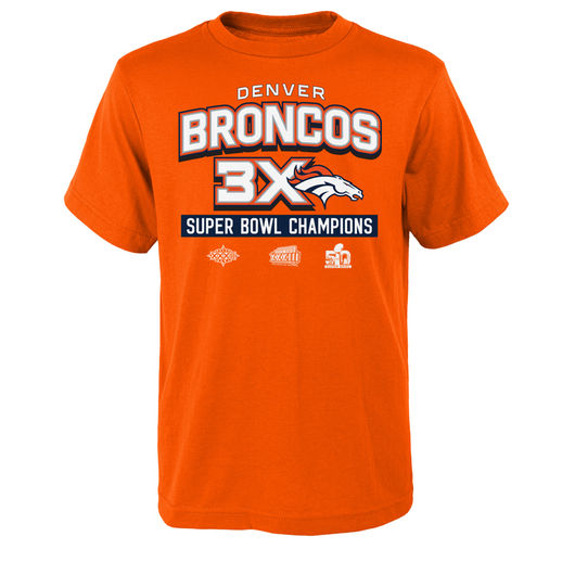 DENVER BRONCOS YOUTH ORANGE SUPER BOWL 50 CHAMPIONS 3-TIME CHAMPS AWARD TOUR T-SHIRT
