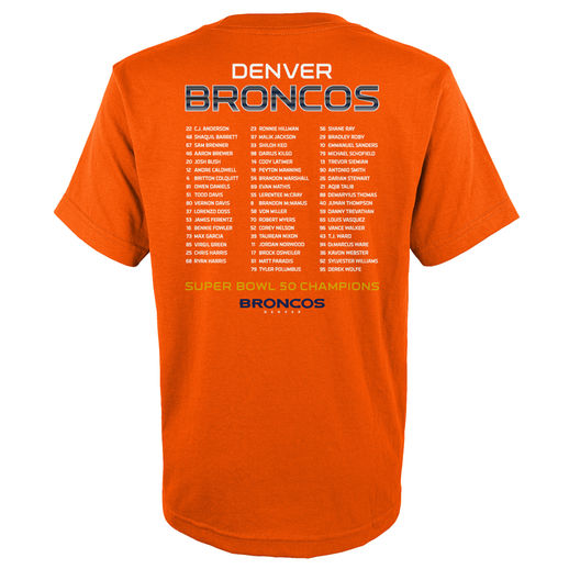 DENVER BRONCOS YOUTH ORANGE SUPER BOWL 50 CHAMPIONS LOCKED ON ROSTER T-SHIRT