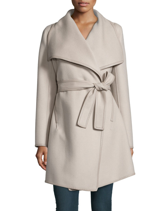 Dawn Levy Harper Belted Wrap Coat W/ Leather Trim Taupe