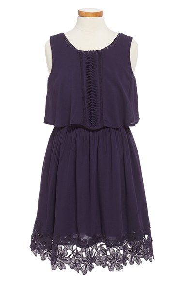 Ella Moss 'Kali' Sleeveless Popover Dress (Big Girls) Navy Blue Crocheted Floral Lace