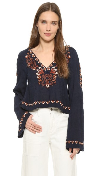 Free People High Times Embroidered Top Deep Indigo Combo 