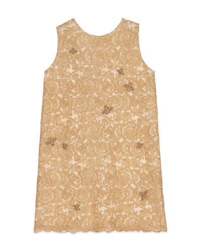 Gucci Sleeveless Metallic Floral Lace Dress Gold, Size 6-12