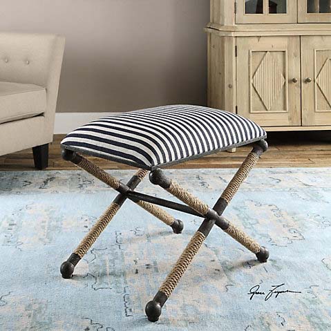 Jean Ottoman, Navy White Stripe Linen ottomans trendy rope traditional coastal