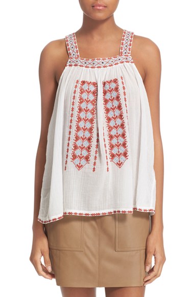 Joie 'Perouz' Embroidered Cotton Tank Porcelian Burnt Terracotta