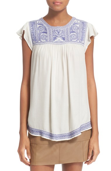 Joie 'Rankin' Embroidered Flutter Sleeve Top Porcelain Bluebell