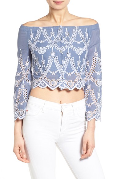 KENDALL + KYLIE Eyelet Off the Shoulder Crop Top Tempest