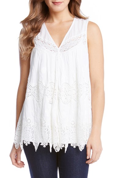 Karen Kane Sleeveless Embroidered Lace & Voile Blouse Off White