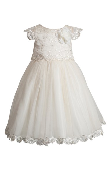 Kleinfeld Pink 'Erica' Shantung & Tulle Dress (Toddler Girls & Little Girls) Ivory