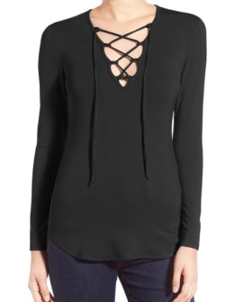 Leith Lace-Up Long Sleeve Top Black