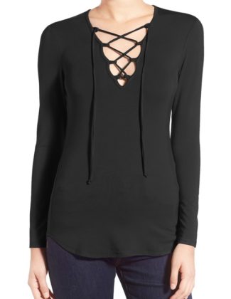 Leith Lace-Up Long Sleeve Top Black