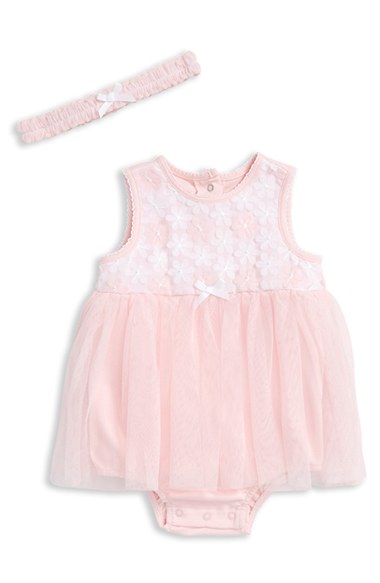 Little Me Embroidered Floral Skirted Bodysuit & Headband Set (Baby Girls) Pink