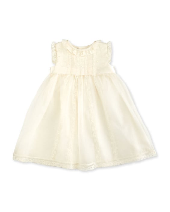 Luli & Me Sleeveless Lace-Trim Silk Organza Dress Ivory, Size 3-24 Months