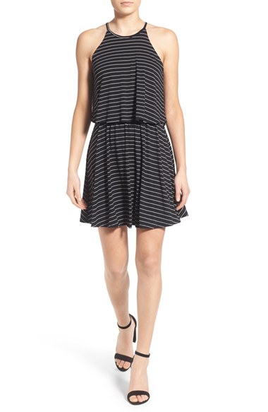 Lush Stripe Popover Skater Dress Black White