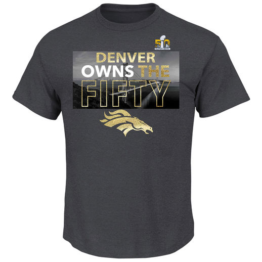 MAJESTIC DENVER BRONCOS CHARCOAL SUPER BOWL 50 CHAMPIONS GOLD REFLEX OWNS THE FIFTY T-SHIRT