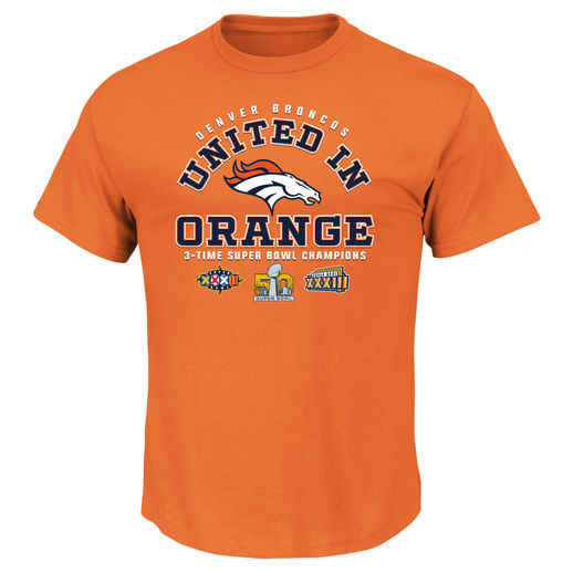 MAJESTIC DENVER BRONCOS ORANGE SUPER BOWL 50 CHAMPIONS 3-TIME CHAMPS UNITED IN ORANGE T-SHIRT
