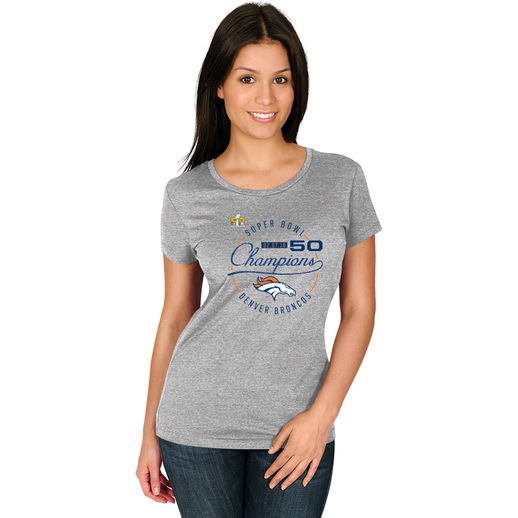 MAJESTIC DENVER BRONCOS WOMEN'S HEATHER GREY SUPER BOWL 50 CHAMPIONS 4TH DOWN II T-SHIRT