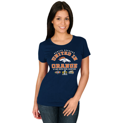 MAJESTIC DENVER BRONCOS WOMEN'S NAVY SUPER BOWL 50 CHAMPIONS 3-TIME CHAMPS UNITED IN ORANGE T-SHIRT