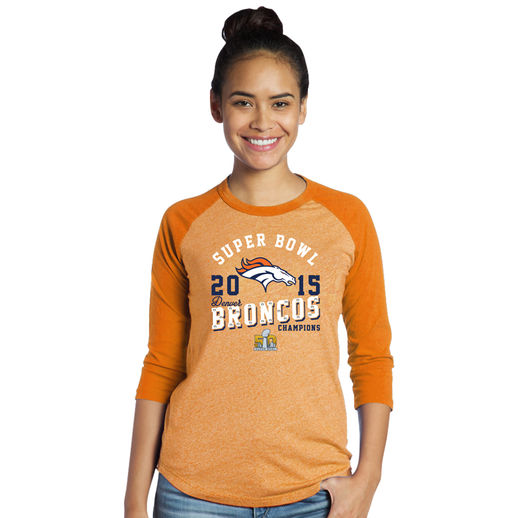 MAJESTIC THREADS DENVER BRONCOS WOMEN'S ORANGE SUPER BOWL 50 CHAMPIONS DEEP ROUTE THREE-QUARTER SLEEVE T-SHIRT