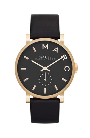 MARC BY MARC JACOBS 'Baker' Leather Strap Watch, 37mm Black Gold