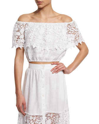Miguelina Dakota Off-The-Shoulder Lace Crop Top Pure White
