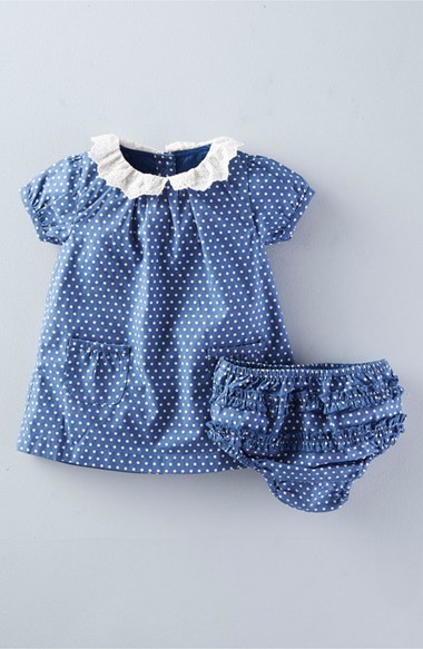Mini Boden Broderie Lace Collar Polka Dot Dress Coastal Blue/Ecru