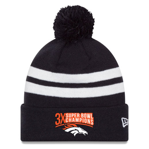 NEW ERA DENVER BRONCOS NAVY SUPER BOWL 50 CHAMPIONS 3-TIME CHAMPS TOP STRIPE CUFFED KNIT HAT