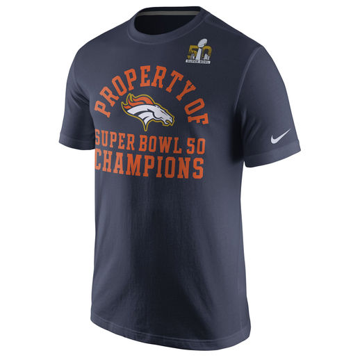 NIKE DENVER BRONCOS NAVY CELEBRATION PROPERTY OF SUPER BOWL 50 CHAMPIONS T-SHIRT