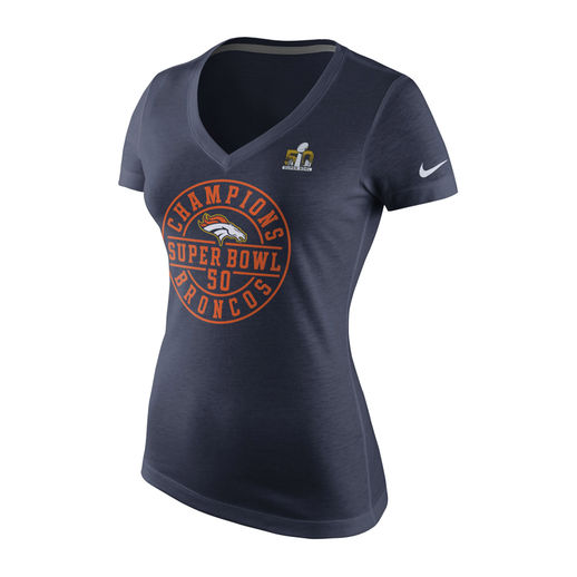 NIKE DENVER BRONCOS WOMEN'S NAVY SUPER BOWL 50 CHAMPIONS CELEBRATION CIRCLE SEAL V-NECK T-SHIRT