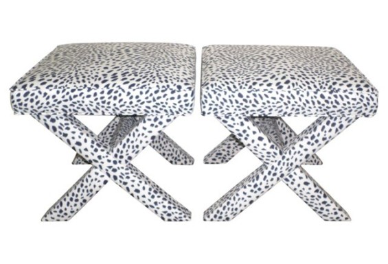Navy & White Vintage Leopard X Benches Pair