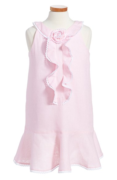 Oscar de la Renta Ruffle Drop Waist Linen Dress (Little Girls & Big Girls) with Lace Trim Color Rose