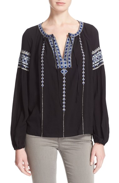 Parker 'Acres' Embroidered Peasant Blouse Black