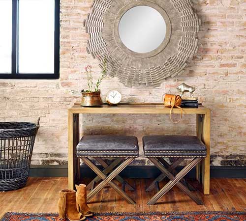 Pottery Barn Aldrich Stool Smoke Leather Nailheads rustic luxurious ottomans