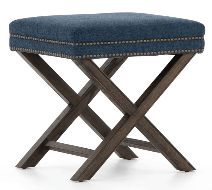 Pottery Barn Aldrich Upholstered Accent Stool Indigo Brass Nailhead Trim ottomans
