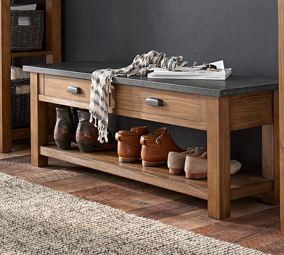Pottery Barn CHANNING BENCH Solid Hand-Distressed Pine with Nailhead-trimmed Zinc
