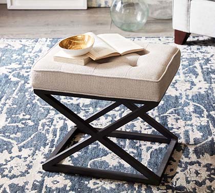 Pottery Barn Kirkham Tufted Upholstered Stool Classic bedroom living room home decor neutral ottomans