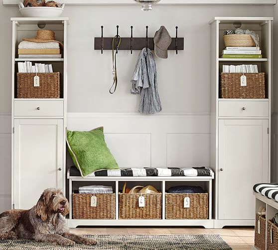 Pottery Barn SAMANTHA 3-PIECE BENCH & STORAGE TOWER ENTRYWAY SET Antique White Black Mahogany Stain